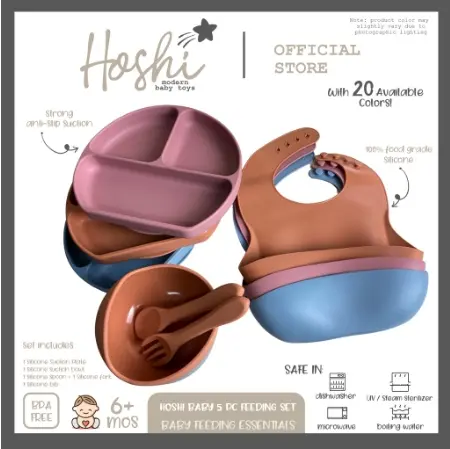 Hoshi Baby "5pc Classic Silicone Feeding Set", 100% Food Grade Silicone, BPA Free Infant Toddler Infant