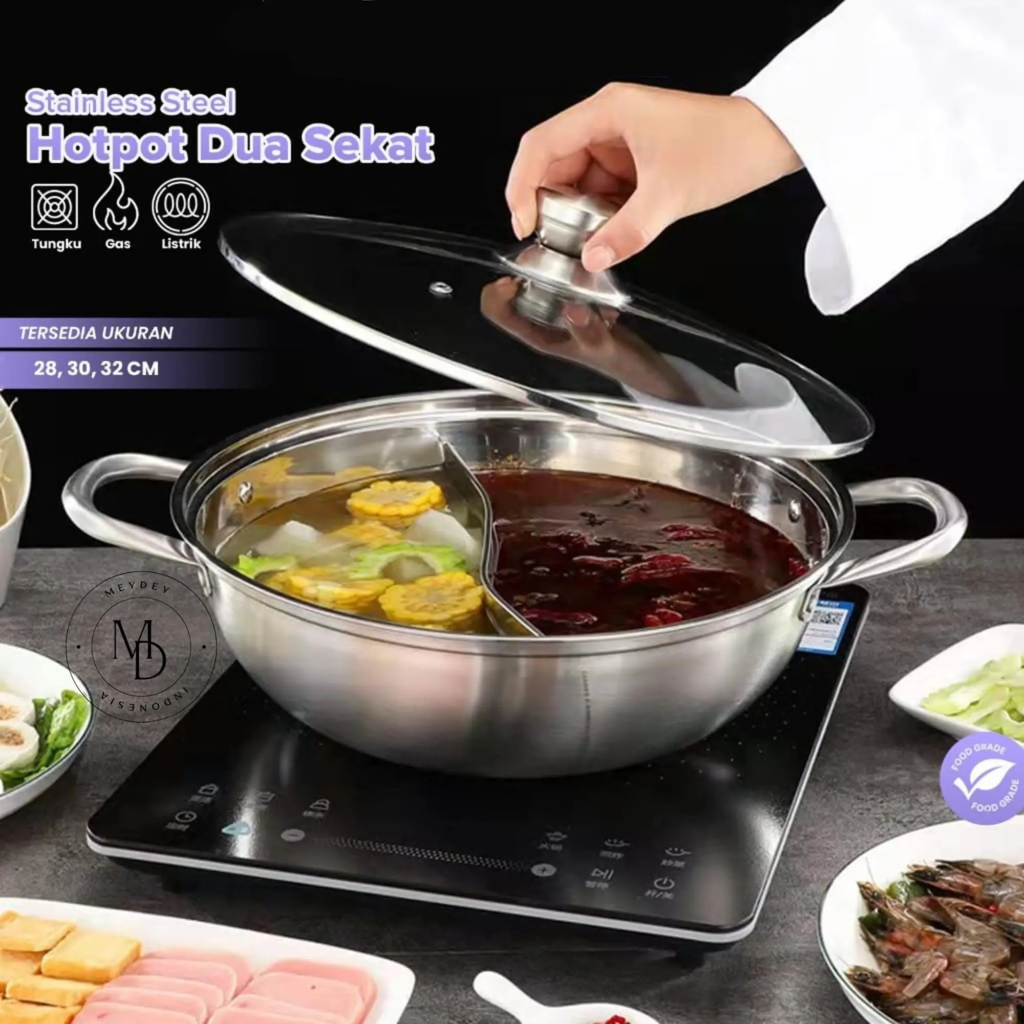 SADESHOP- Panci Shabu Sekat Bahan Stainless Steam Boat Panci Rebus Jepang Tutup Kaca Panci Suki Steel Wadah Kitchenware