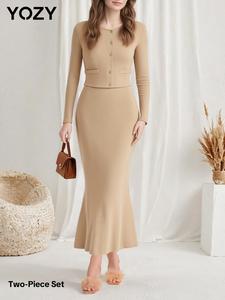 YOZY Women's Solid Button Front Pocket Cardigan & Mermaid Skirt Two-piece Set, Casual Long Sleeve Round Neck Top & Skirt for Fall & Winter, Women's Clothes for Daily Wear