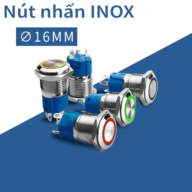 Nút công tắc on/off 16mm, Kiểu nhấn Tự khóa, Vỏ Kim loại có đèn LED, Điện áp 5V-24V, 110-220V 7