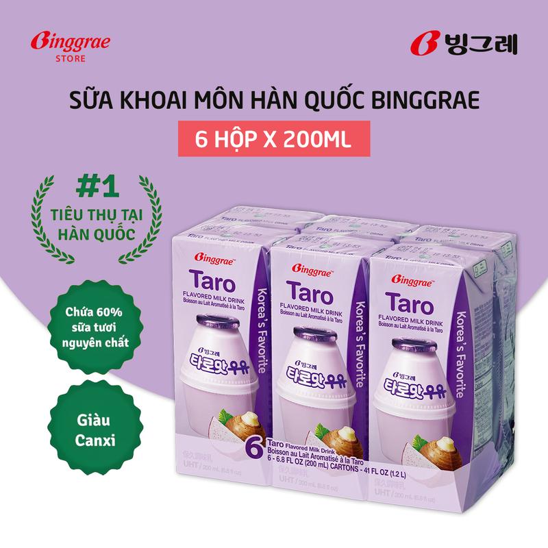  Lốc Sữa Khoai Môn Hàn Quốc Binggrae Taro Milk  200ml x 6 hộp  