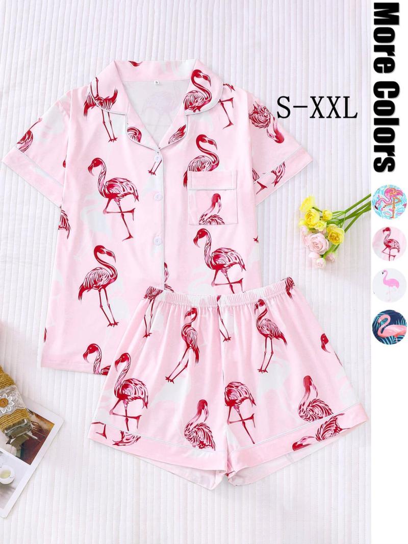 Product Introduction of Two-piece Set Women's All Over Flamingo Print Short Sleeve  Pajama Set, Casual Comfy Lapel Neck Button Front Top & Elastic Waist Shorts Pj Set, Ladies Sleepwear for All Seasons 4