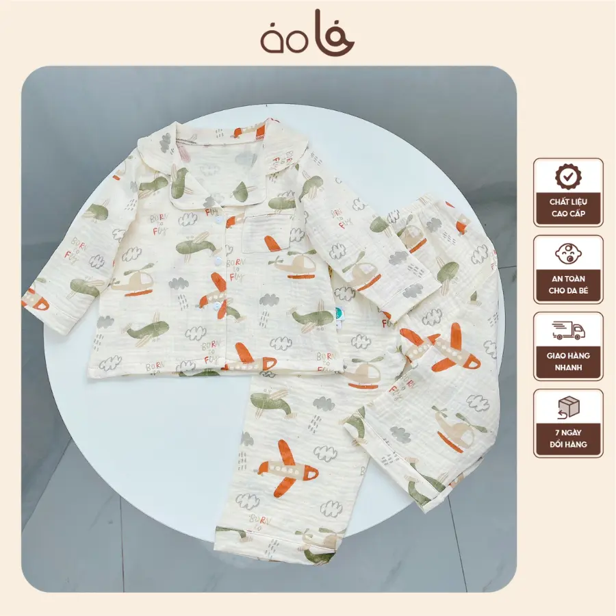 Pijama bé trai bé gái dài tay mặc ngủ điều hòa vải xô muslin Áo Lá Homewear A022, đồ bộ trẻ em
