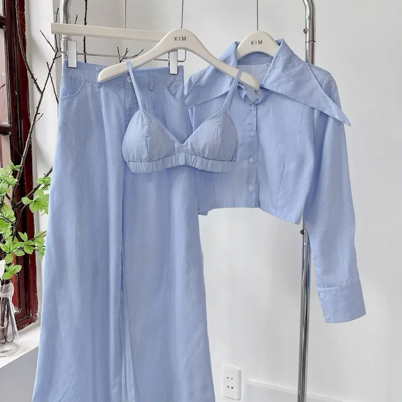 ( Sam’s Clothing ) Set nữ 3 món Áo sơ mi xanh tay dài + Áo bra 2 dây + Quần suông dài ống rộng năng động Women