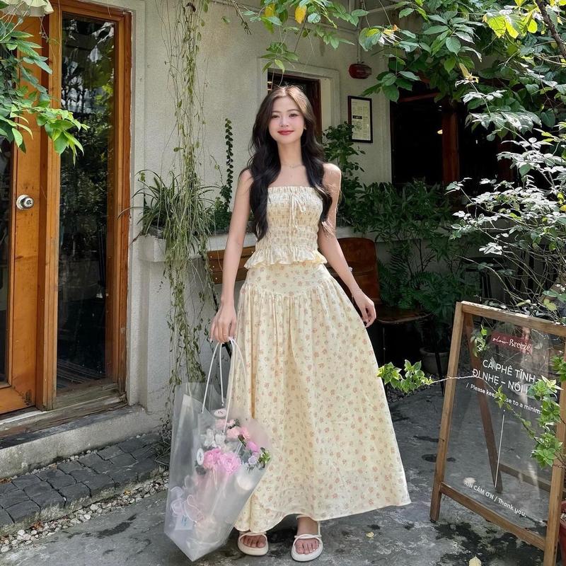 SET ÁO ỐNG KÈM CHÂN VÁY (dài 98cm) MAXI _ KHÁNH VY STORE (  81401) Kem Nữ