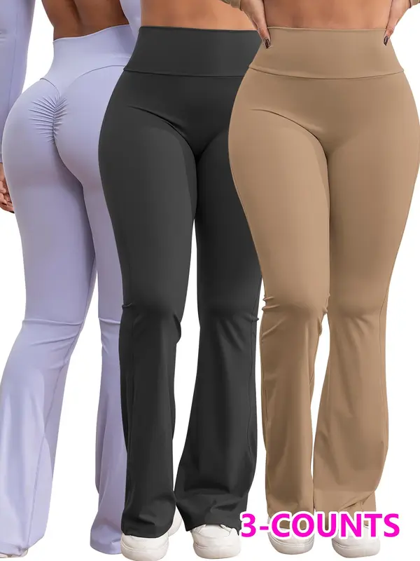 【Plus Size】 Solid Color Flare Leg Sports Pants, High Stretch Yoga Pants, Ladies Sportswear for Indoor Outdoor Wear 3