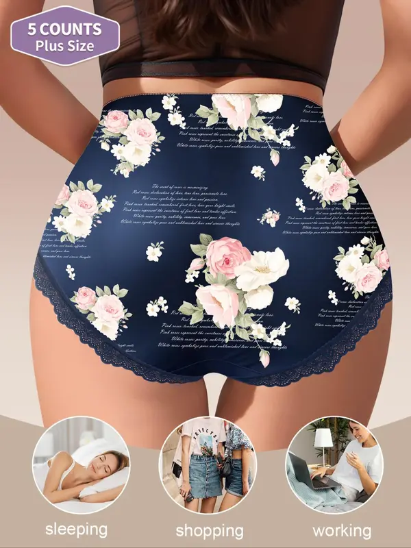 【Plus Size】 Floral & Letter Print Lace Trim High Waist Panty, Elegant Breathable Comfy Tummy Control Knicker for Daily Wear, Women's Underwear for All Seasons 1