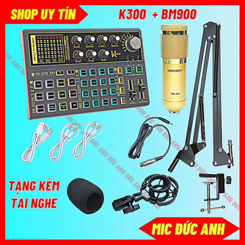 Bộ Sound Card K300 Bluetooth Kết Hợp Mic BM900 Chuyên Thu Âm Và Livestream Âm Thanh Sống Động Kèm Tai Nghe