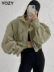 YOZY Women's Solid Button Pocket Zipper Hooded Trench Coat, Casual Drop Shoulder Long Sleeve Outerwear for Fall & Winter, Ladies Clothes for Daily Wear, Clothing