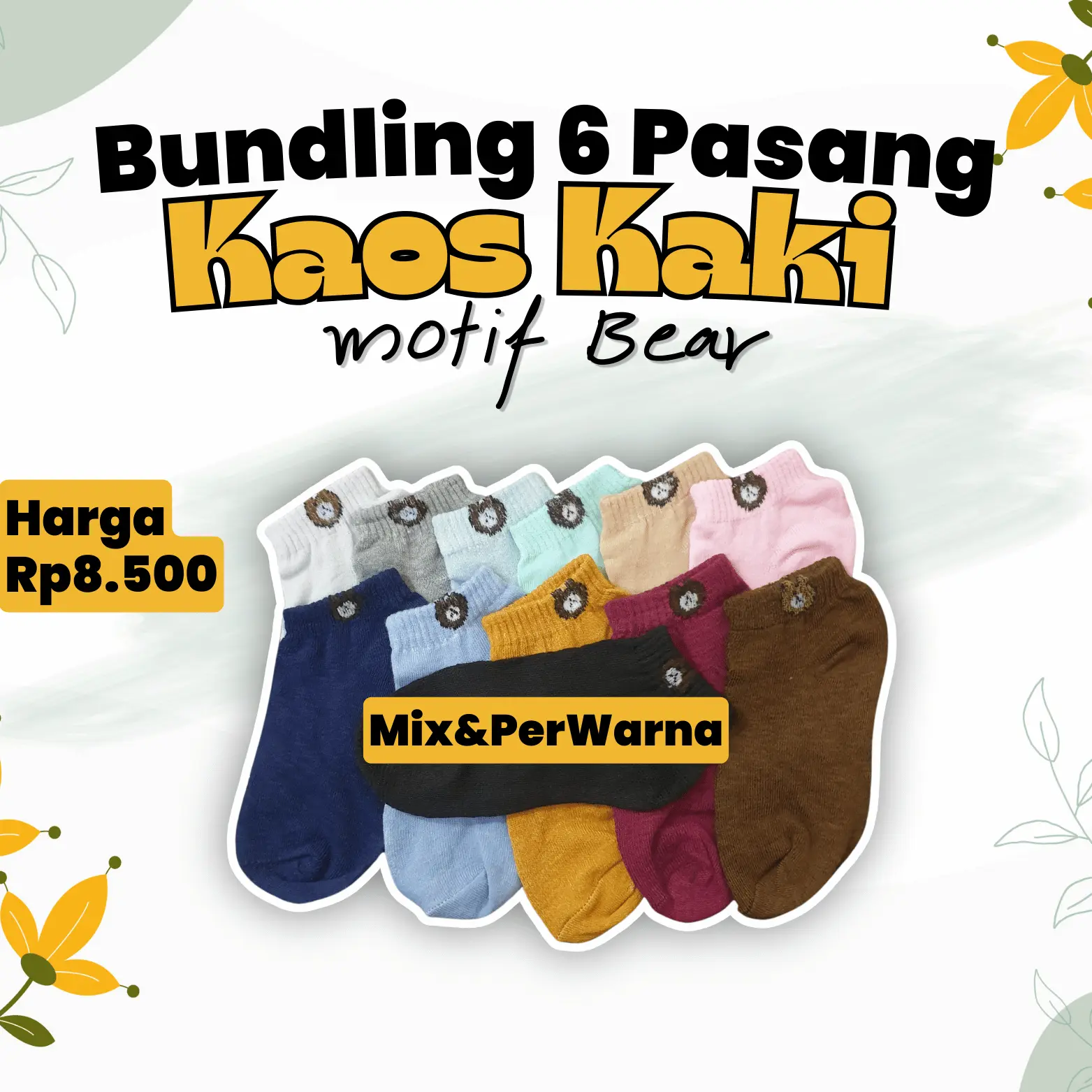 [Fiiyashop] Bundling 6pasang Kaos Kaki Fashion Motif Bear Dewasa Semata Kaki // Perwarna // Mix