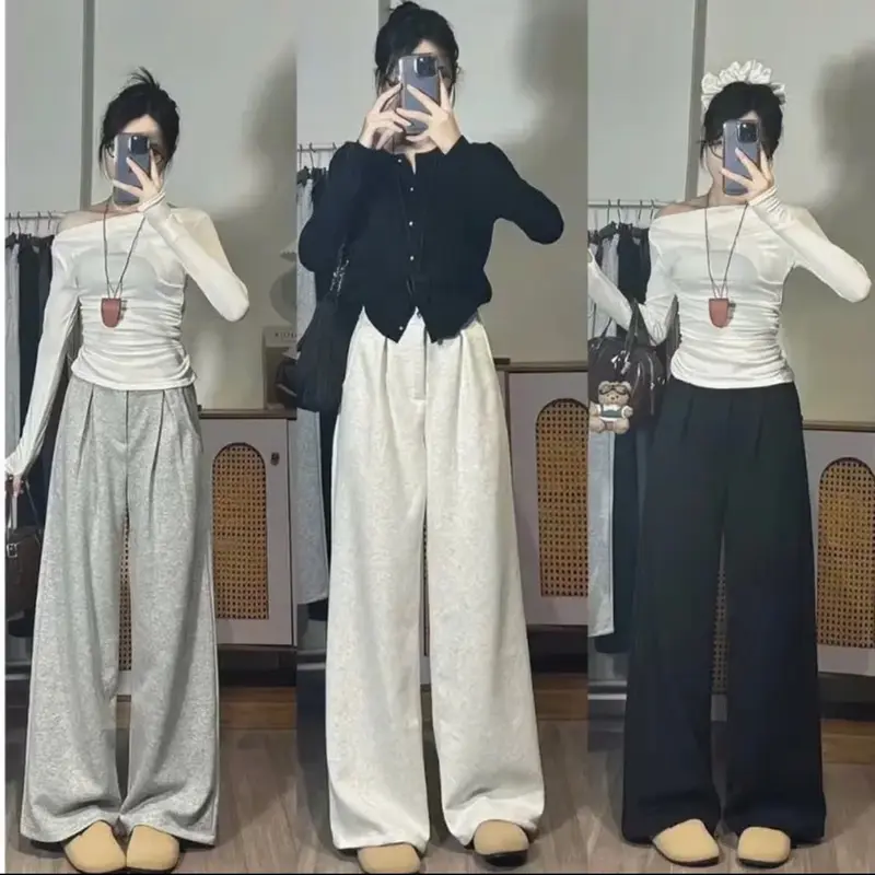 (Hàng Loại Đẹp - KHông Xù) Quần Ống Suông 1 Khuy Chất Nỉ Ép 2 Da Cạp Cao Có 2 Túi Trước 2 Túi Sau Dài 100-103cm UniSex Phong cách Women quần  nỉ 2