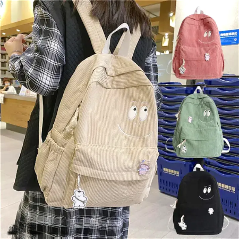 Bag Tas Ransel Wanita Korduroi Cute Korean School Backpack Perempuan Trendy Smiley Lucu Ransel Kasual Gaya Korea Ranse