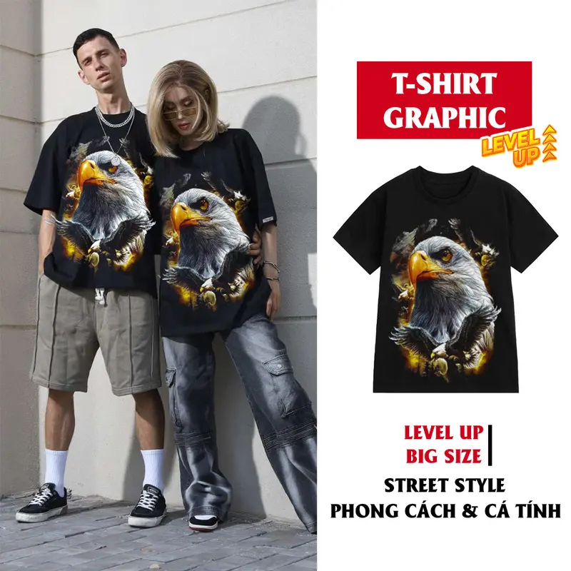 Áo Thun Nam Nữ Cổ Tròn Tay Ngắn Big Size Cotton 100 Đen In Hình Đại Bàng 3
