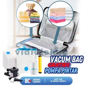 Vacum Traveling Isi 3pcs Atau Isi 5pcs + Pompa Vacum Pintar/ Plastik Baju Travel/Vacum Plastik Korea