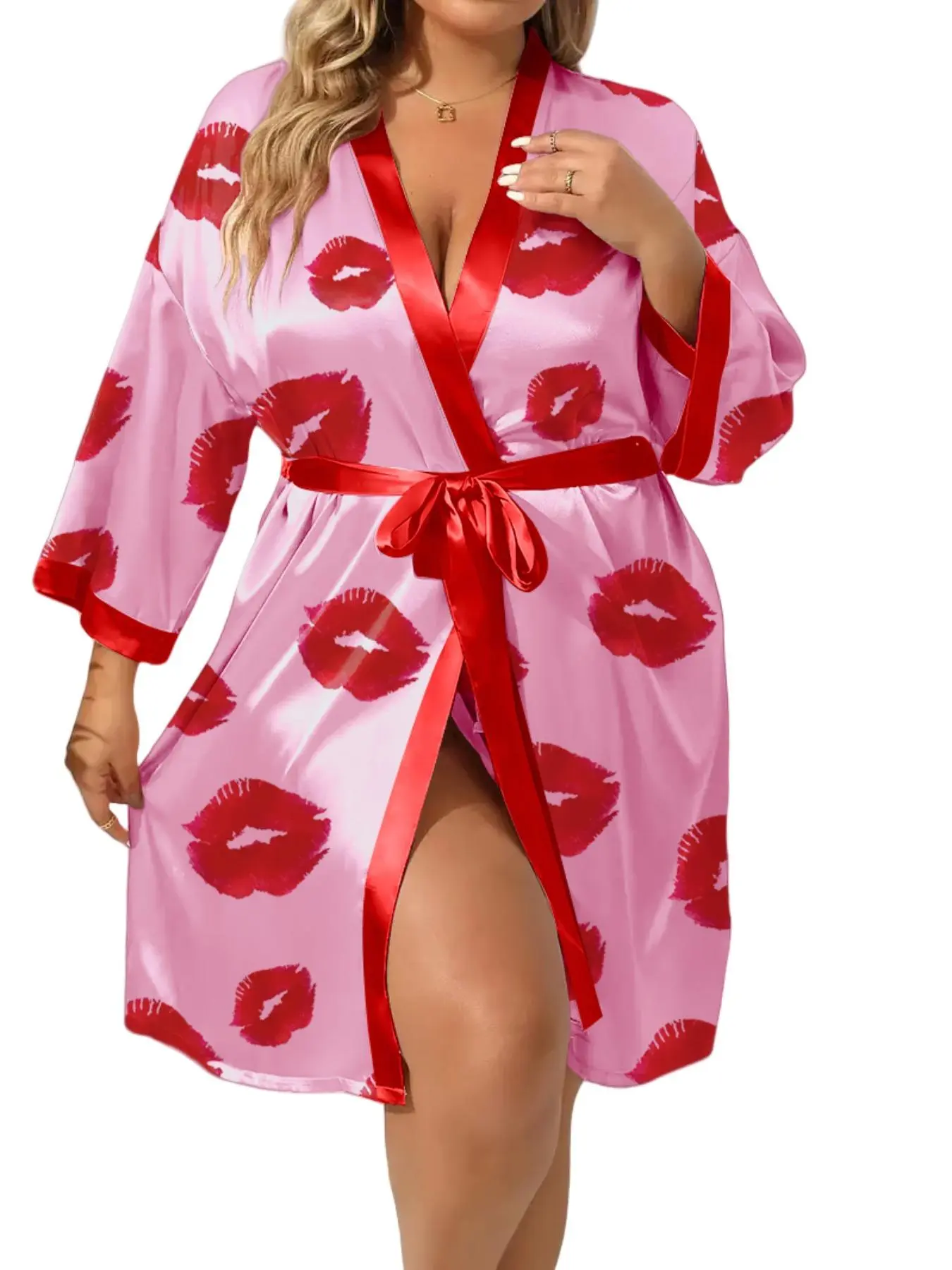 【Plus Size】 All Over Lip Print Belted Satin Robe, Casual 3/4 Sleeve Dressing Gown, Women's Sleepwear for All Seasons