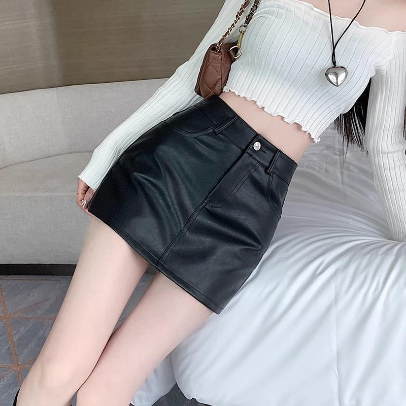 2025 Black PU Leather Skirt Skirt Women's New High Waist Versatile A- line Sheath Skirt Pantskirt 0