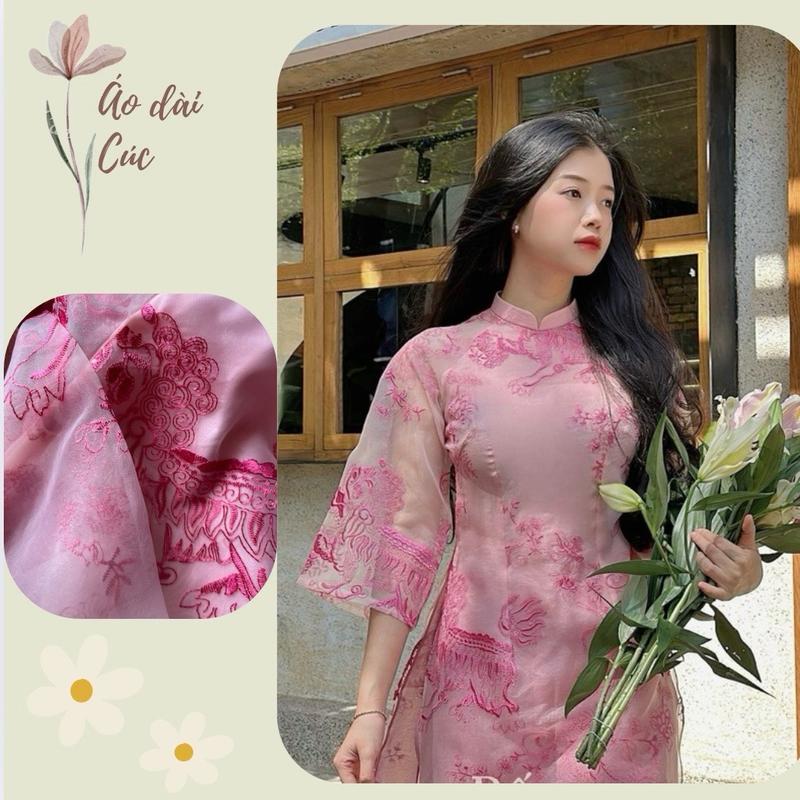 Áo dài Hồng Sư hoạ tiết kì lân thêu Ôm gọn Nữ Women