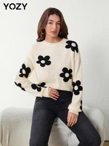 YOZY Women's Floral Print Drop Shoulder Sweater, Casual Long Sleeve Round Neck Jumper for Fall & Winter, Fashion Ladies' Knitwear for Daily Wear