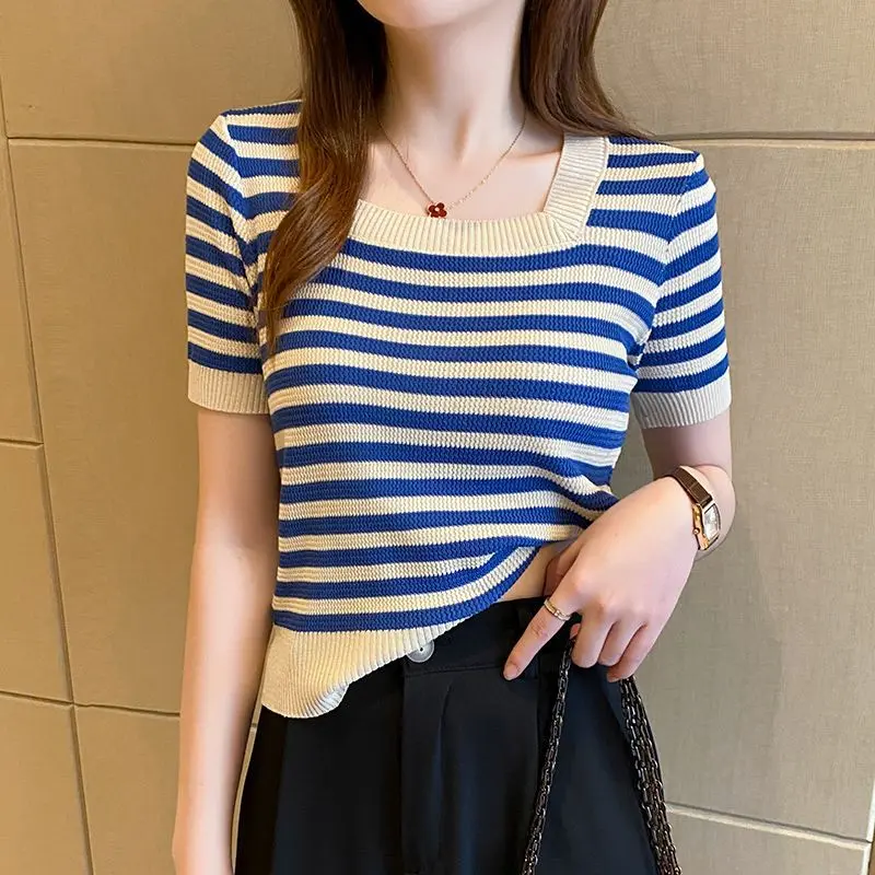 Black and White Ice Silk Stripes Knitwear Short Sleeve T-shirt for Women 2023 Summer New Shoulder Thin Square Collar Short