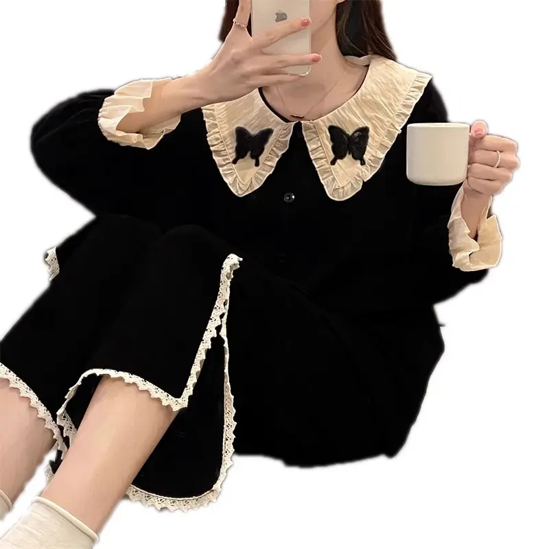 Bộ Đồ Ngủ, Phong Cách Hàn Quốc Ins Người Nổi Tiếng Trên Internet, Dành Cho Nữ, Bộ Sưu Tập Mùa Xuân Và Mùa Thu, Hàng Mới Về, Màu Đen, Dài Tay, Bộ Đồ Mặc Ở Nhà Cô Gái Ngọt Ngào K223 Áo Top Baggy Women
