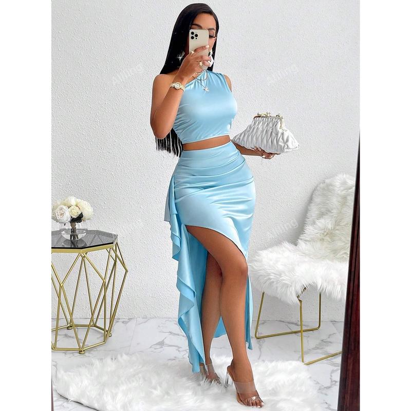 Sexy One-Shoulder Top + Ruffle Trim Mini Skirt plain simple casual dresses Clothes Fit Womenswear Bottom Polyester Suits Comfort Fabric Basic Blue Gamis Minimalist 4