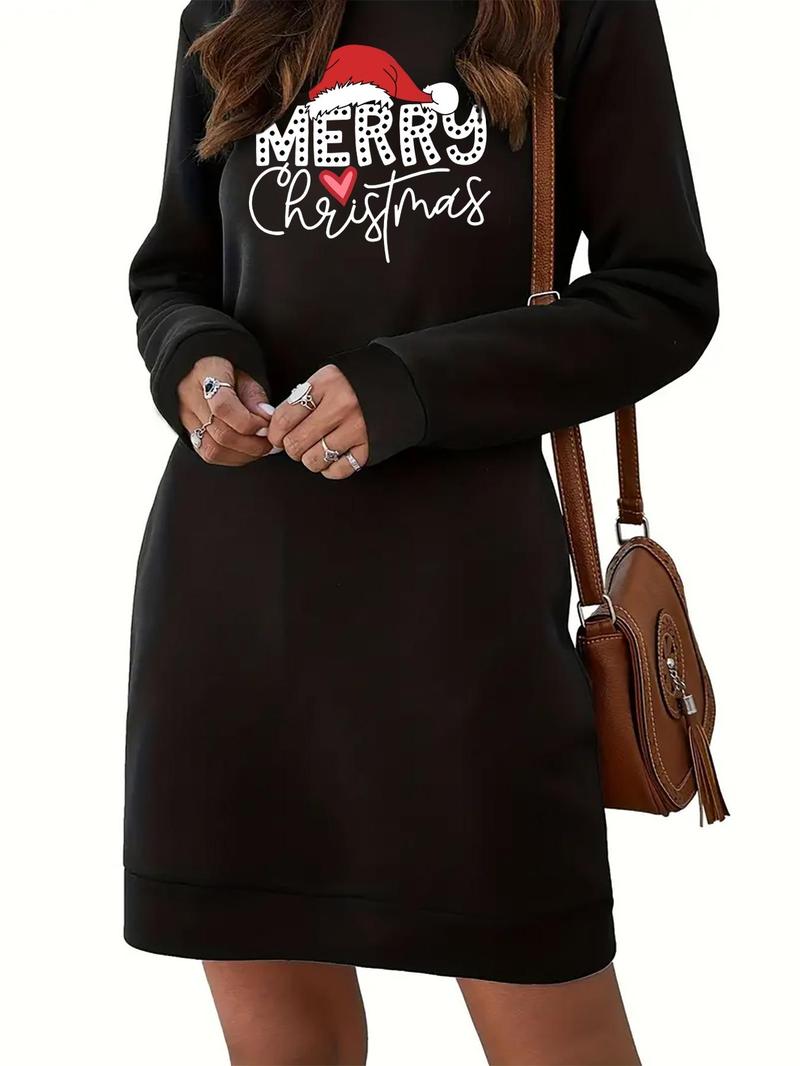 Product Introduction of Women's Letter & Christmas Print Pocket Thermal Lined Sweatshirt Dress, Casual Long Sleeve Round Neck Short Dress for Fall & Winter, Christmas Party Dress, Women's Clothes for Daily Wear 6