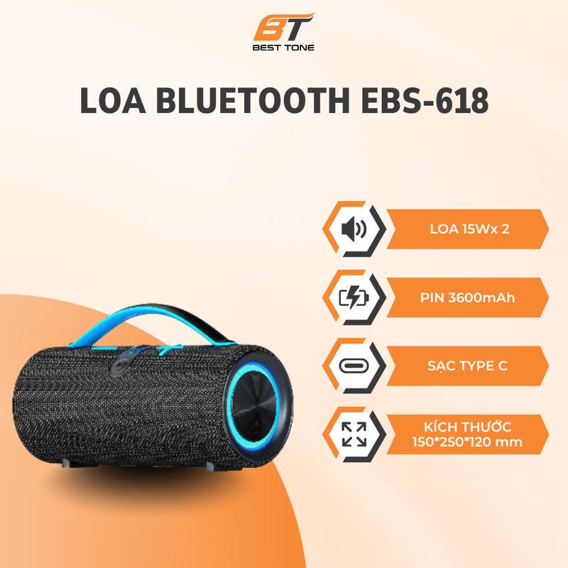  Loa Bluetooth BT-EBS-618 Công suất lớn Thiết kế cực chất Chống nước IPX5 Âm thanh cực đã tai Đầy đủ các cổng kết nối USB TF Card AUX 
