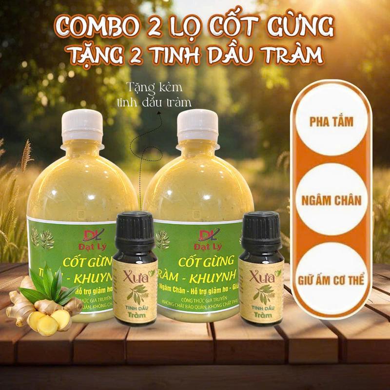   Deal Sốc  Combo 2 Chai Cốt Gừng Tràm Khuynh Diệp 500ml- Pha Tắm Ngâm Chân Giữ Ấm Tặng 2 Tinh Dầu Tràm 10ml Mẹ Phụ Nữ Sau Sinh 