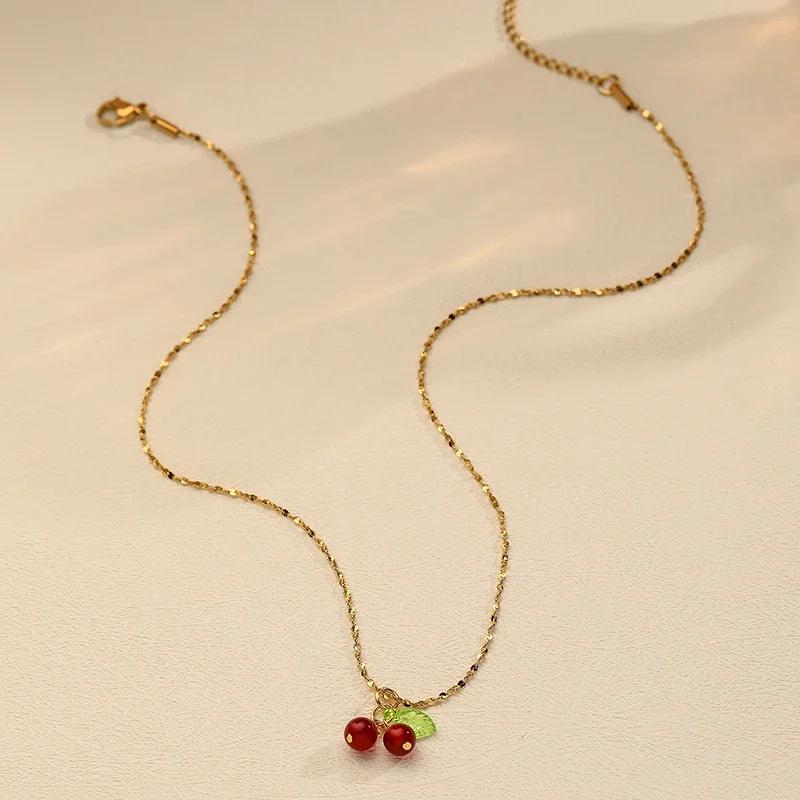Product Introduction of Stainless Steel Cherry Necklace, Cute Bead Pendant Necklace, Ladies' Wedding Jewelry, Birthday Gift Necklace 10