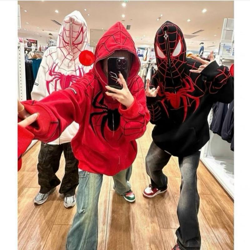 Áo khoác in nhện dây kéo đến nón trùm đầu.chất thun dày mềm mịn, mát, form to bự 80kg Nam Menswear Hoodie Dài Tay Đen Kem