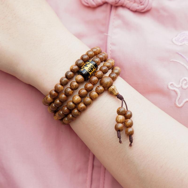 Vòng Trầm Hương 108 Om Mani Padme Hum - Trầm Tốc Tự Nhiên - Trầm Hương Yên Lộc - Mua một tặng một Hộp dây dự phòng