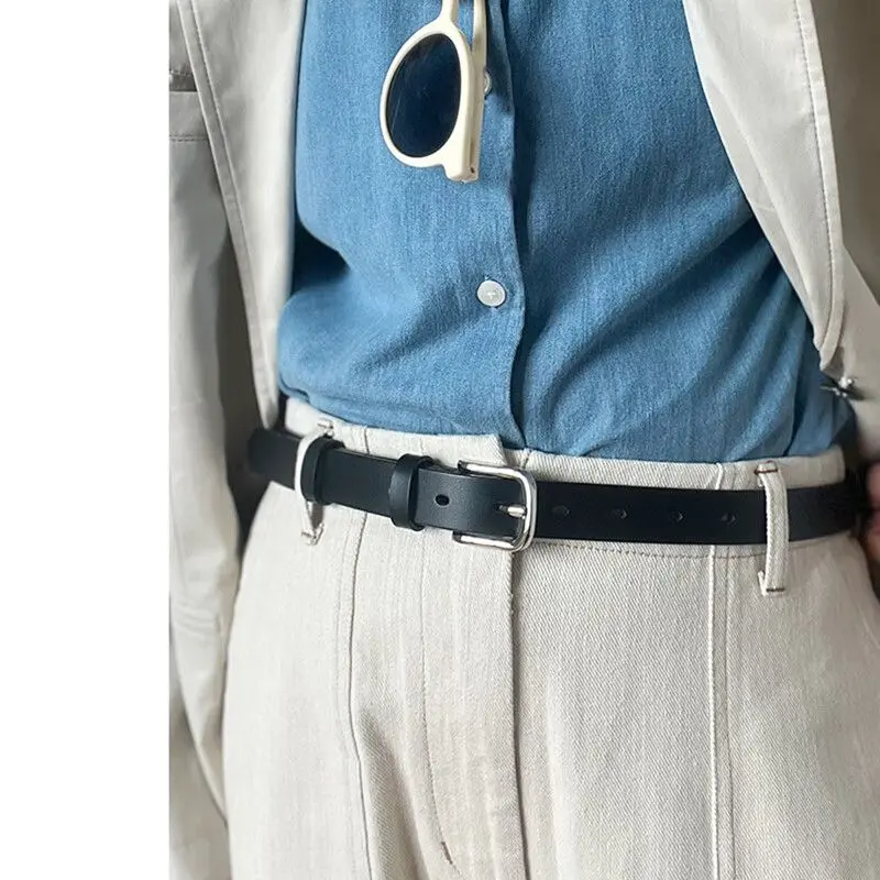 Chenjinbai Narrow Belt for Men Genuine Leather Pin Buckle Waist Belt Small Thin Young Men's Pants Youth Trendy Casual Korean Style Trendy Men's Study