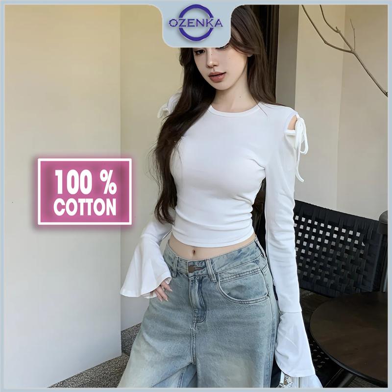 Áo croptop kiểu tay dài hở vai tay loe ôm nữ ozenka , áo crt thu đông basic thun cotton đen trắng Women Sơ Mi Jean Shirt Voi