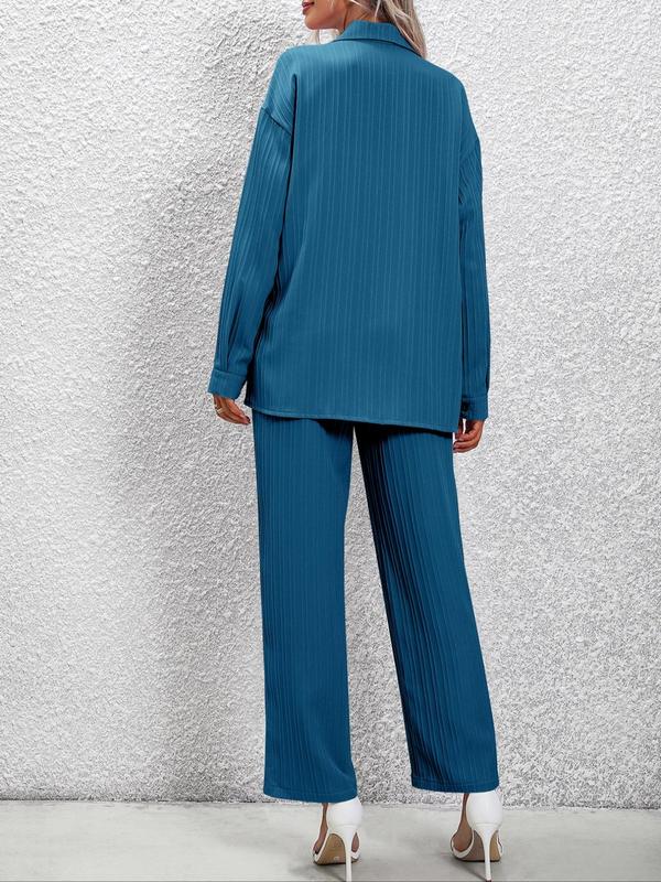 Women's Button Front Blouse & Elastic Waist Pants Set without Cami Top, Drop Shoulder Long Sleeve  Tops & High Waist Wide Leg Trousers Matching Set for Spring & Autumn, Summer Sets, 2 Piece Sets Women, Summer Outfits 2024, Co-ord Set for Women 1