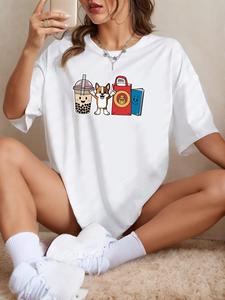 ImprinTee Women's Cartoon Dog Beverage Print Round Neck Tee, Cute Graphic Short Sleeve T-shirt for Summer, Casual Women's Top for Daily Wear