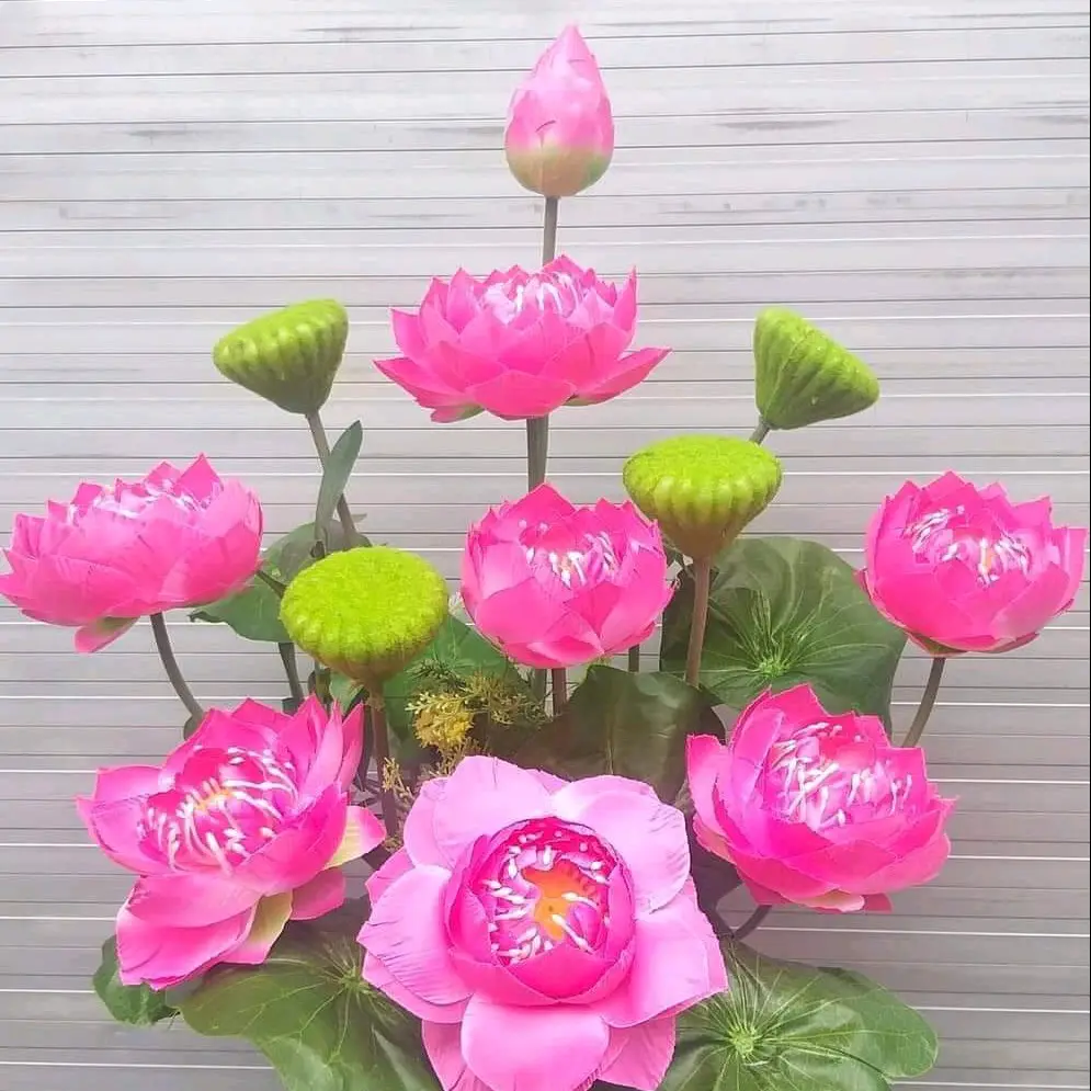Cành sen giả,sen thái cánh kép cao 77cm,lụa cao cấp, lá in 3D