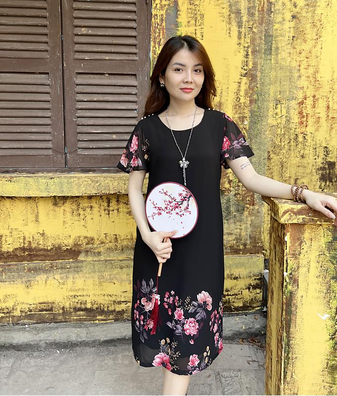 Đầm suông thiết kế  trung niên che bụng sang trọng đóng nút váy thường mặc