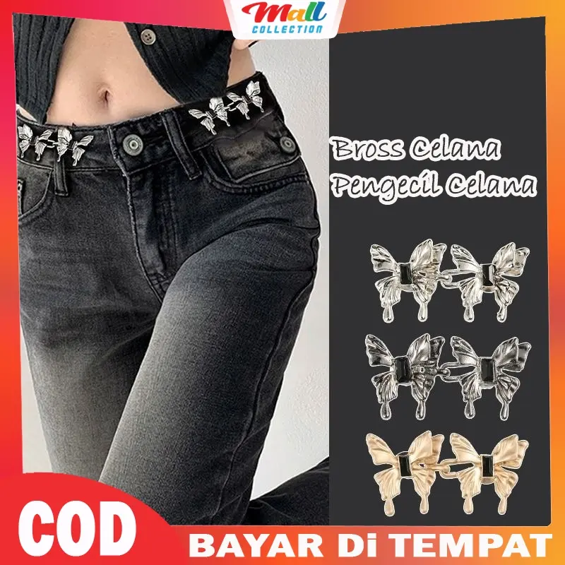 MALL Kancing Jeans Pengecil Celana Pinggang Motif Kupu Kupu Jarum Tusuk Gaya Wanita Korea BRS07