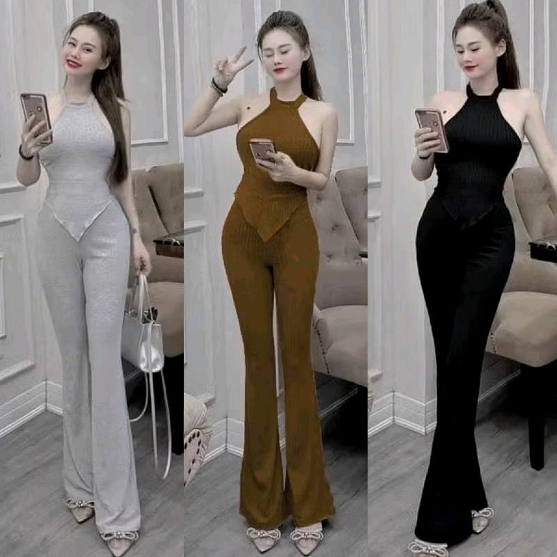 Set Áo Cổ Yếm Vạt Nhọn Và Quần Dài Ống Loe Ôm Body set thường set bộ set đồ nữ Nữ Women Thun set đồ  đi đà lạt set  đồ