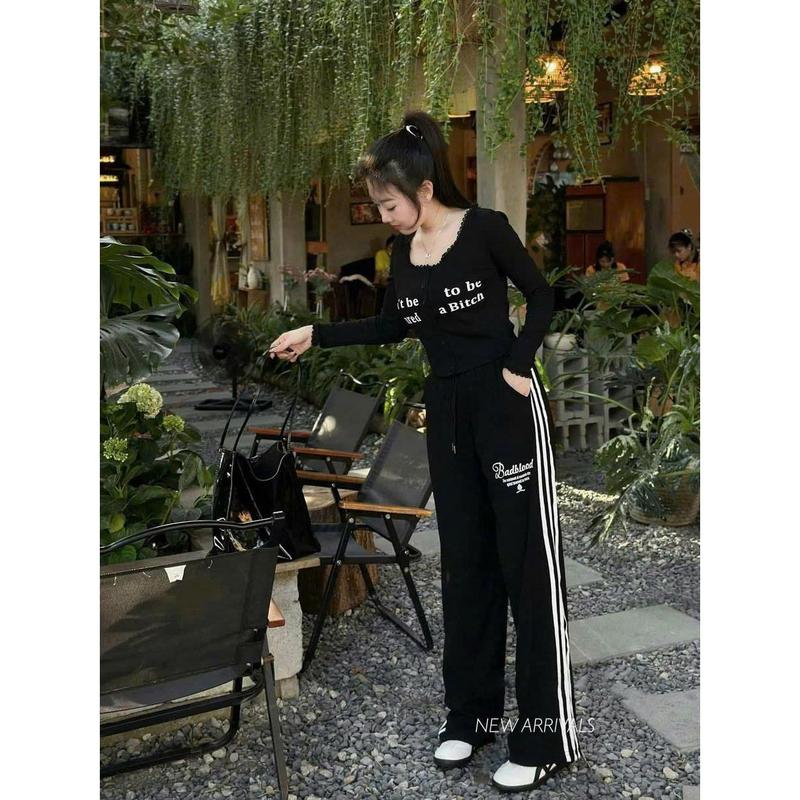 Set bộ áo thun tăm tay dài phối ren mix quần suông phối sọc lưng chun cá tính bigsize 60-90kg cho nữ - Women 7
