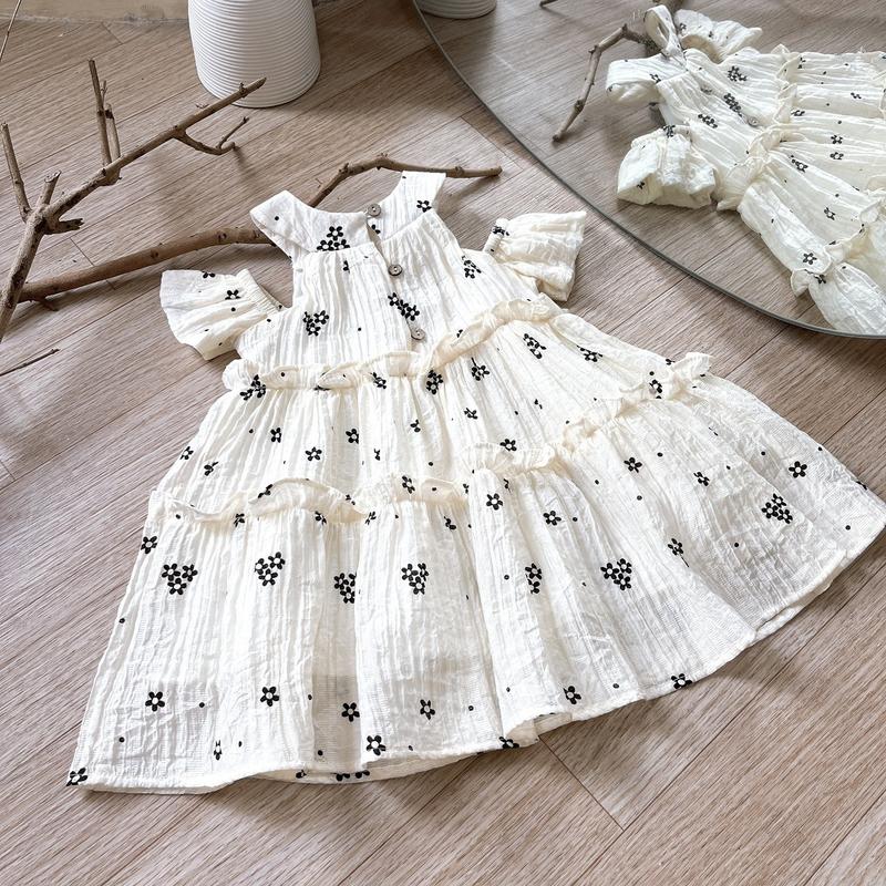 [Pinkids][8-26kg] Váy Tơ Cổ Yếm Trễ Vai  Hoa Nhí Màu Kem 2 Lớp Cho Bé gái