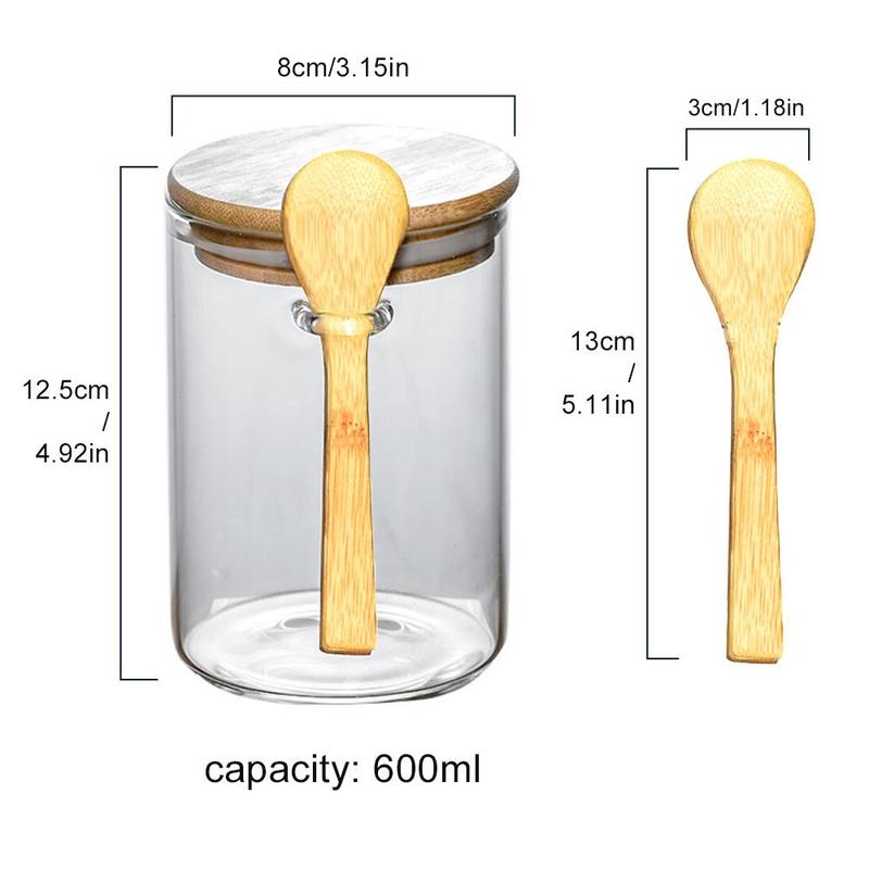 Clear Glass Storage Jar with Wooden Spoon Set (2 Sets), Household Food Storage Container with Bamboo Lid, Kitchen Utensils, Anti-breakage Packaging Sealed Bottle Set 1