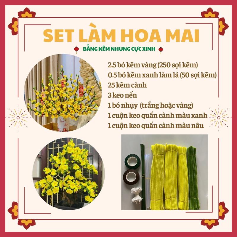 Bộ set nguyên liệu làm hoa mai trưng tết bằng kẽm nhung kem nhung cây mai tuyết Decor Phòng