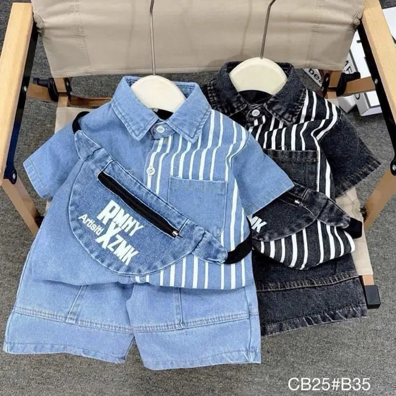 10-30kg set quần jean túi hộp áo polo cotton sọc bé trai, set bộ bé trai