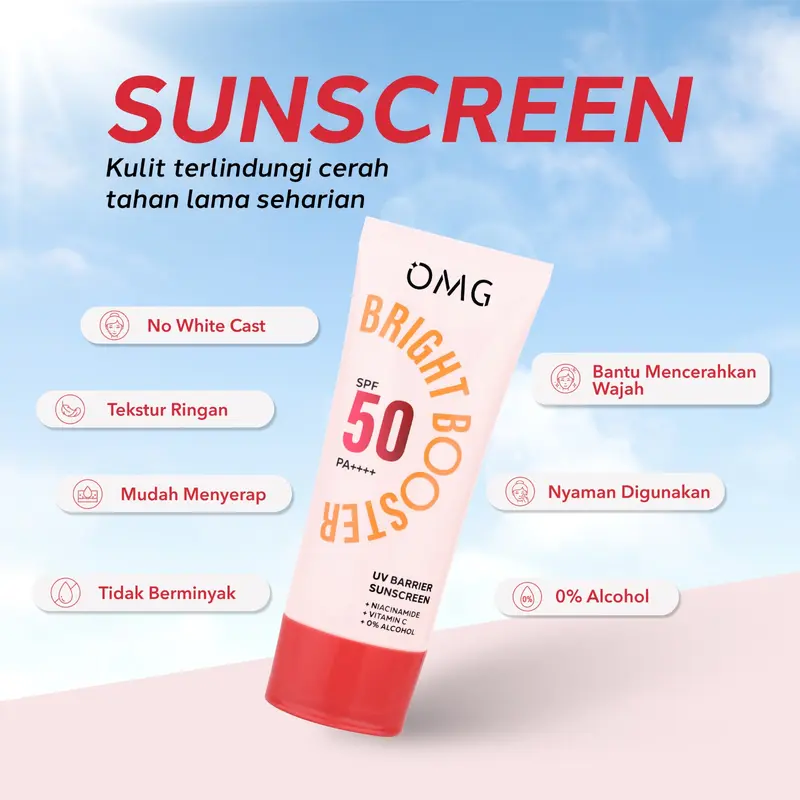 [6.6 MEGA SALE] OMG Oh My Glow Bright Booster UV Barrier Sunscreen 25 Ml SPF 50 PA+++  - Untuk Semua Jenis Kulit - Tone Up Sunscreen - Ringan, Cepat Meresap, Cerah Instan - Mengandung Niacinamide & Vitamin C - Sunblock, Tabir Surya 5