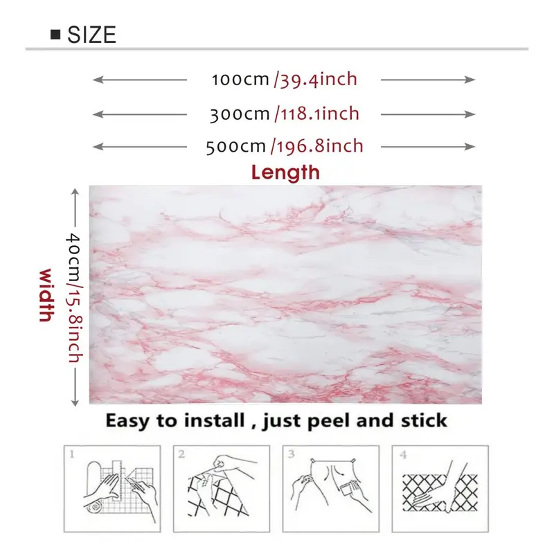 Marble Pattern Self-adhesive Wallpaper, 1 Roll Pink Waterproof Peel and Stick Wallpaper, Easy To Remove Wall Art Sticker for Kitchen Countertop and Cabinet Shelf Liner 1