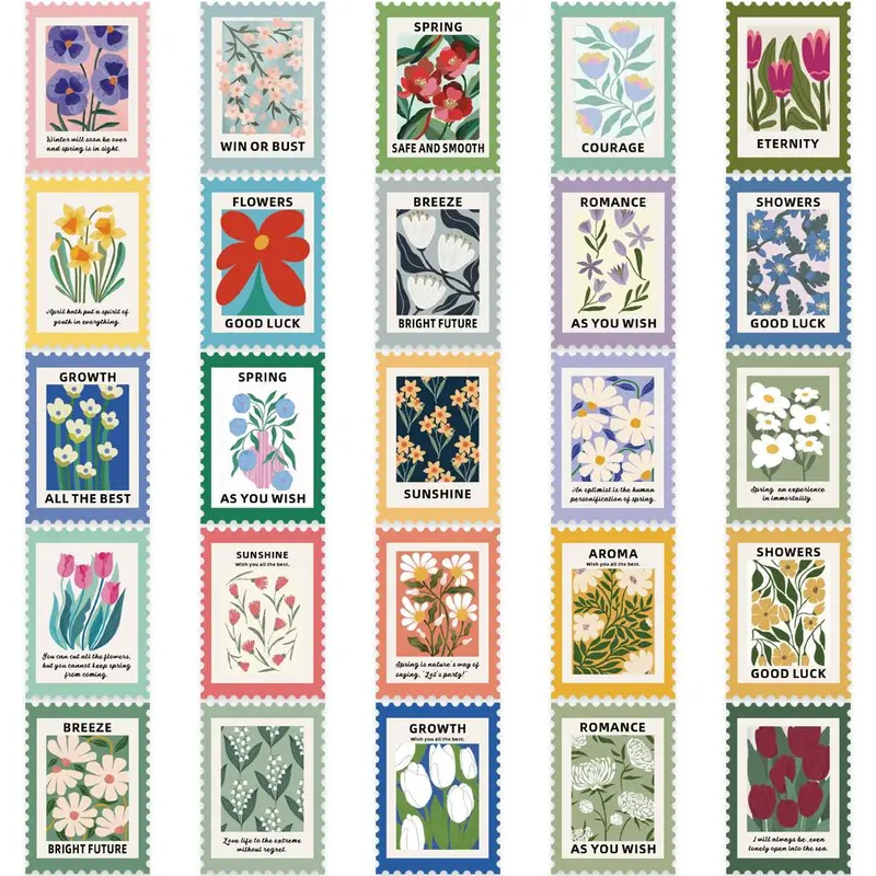 Flower Pattern Postage Stamp Sticker, 200pcs/set Self Adhesive Decorative Sticker, DIY Craft Decals for Phone Case, Scrapbooking, Journal Making 3