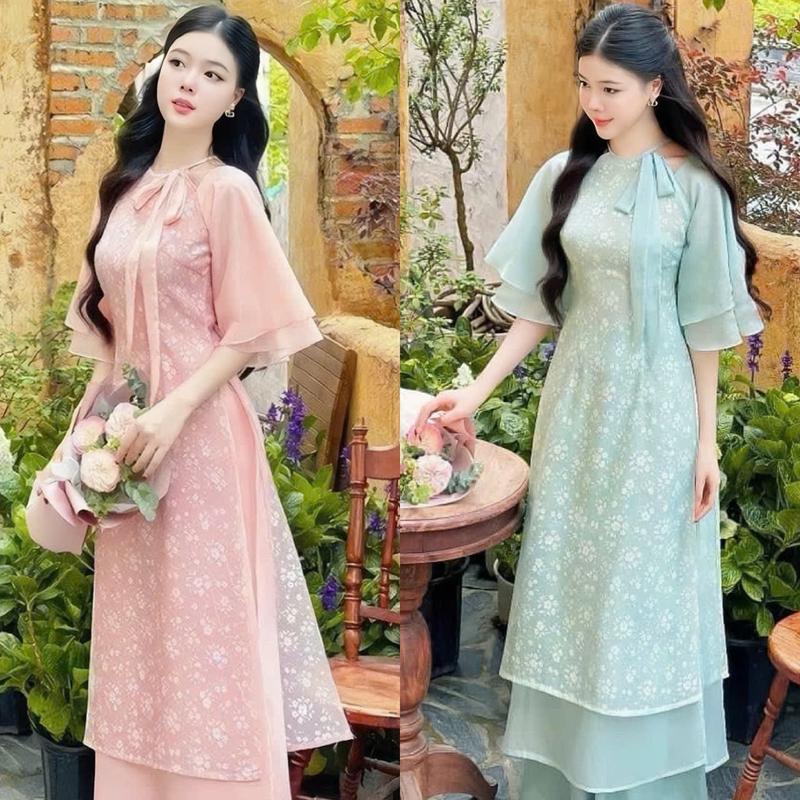 Set bộ áo dài cánh tân áo tơ hoa 2 lớp tay cánh tiên cổ tròn thắt dây nơ xẻ tà kèm quần dài ống suông xinh xắn thích hợp cho nàng di chơi,di lễ. Women Top