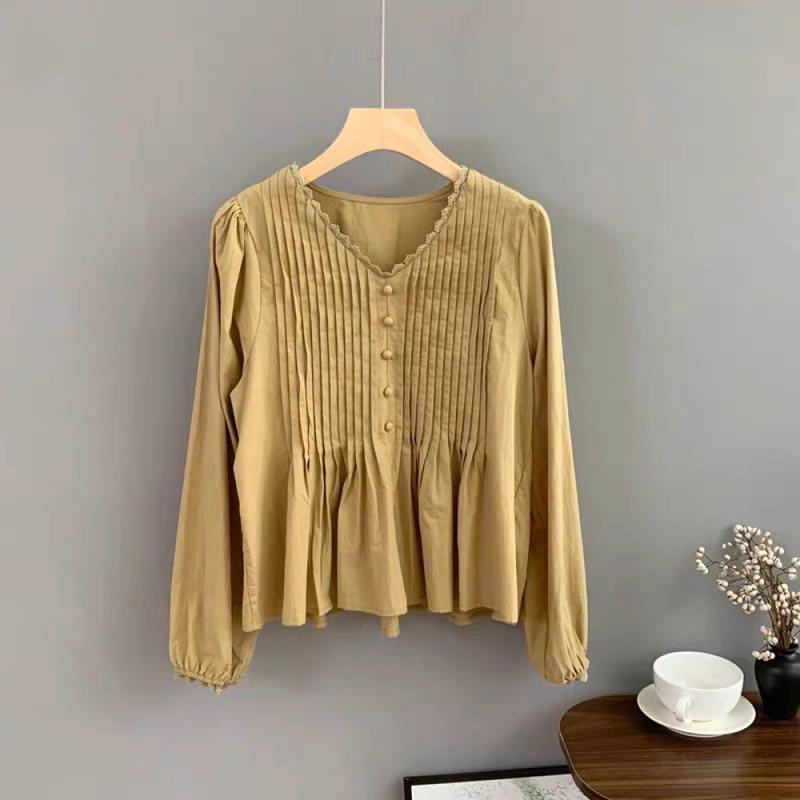Product Introduction of CHICMORE Atasan Kemeja lipit desain retro Lengan Panjang Gaya Modis Untuk Wanita 6