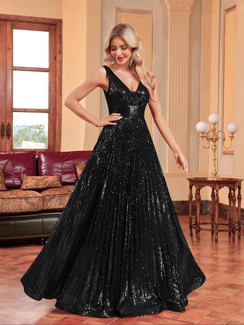 Product Introduction of Women's Contrast Sequin Backless Pleated Evening Dress, Elegant Deep V Neck Sleeveless Maxi Dress for Party Banquet, Ladies' Clothes for Summer 8